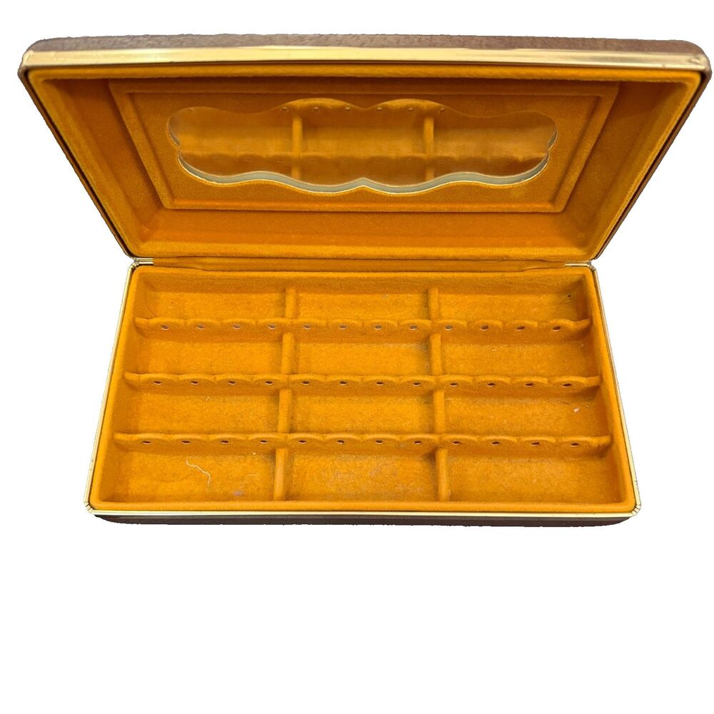 Vintage Retro Brown Clamshell Pattern 10" Jewelry Box with Dividers and Mirror